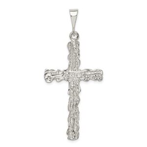 Solid 925 Sterling Silver Diamond -Cut Cross Pendant Nugget Charm - 54mm x 23mm