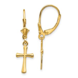 Solid 14k Yellow Gold Cross Leverback Dangle Earrings - 30mm x 8mm