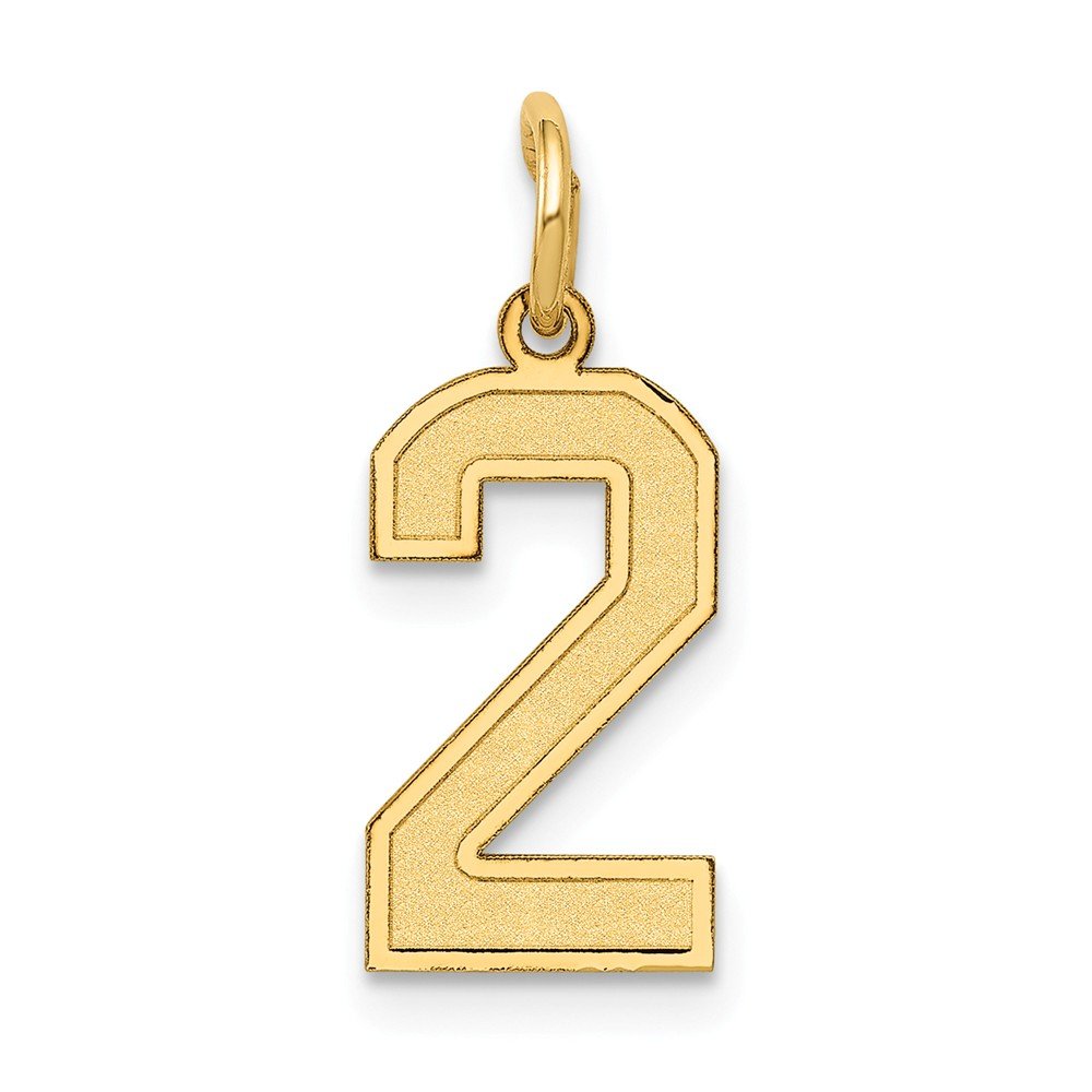 Solid 14k Yellow Gold Small Number 2 Charm Brushed Matte Finish Pendant - 18mm x 7mm