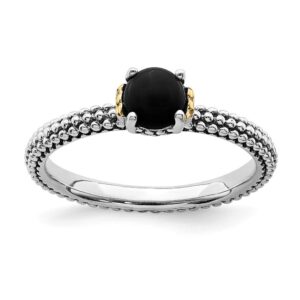 Solid 925 Sterling Silver and 14k Yellow Gold Stackable Onyx Vintage Antiqued Ring Eternity Band Size 8