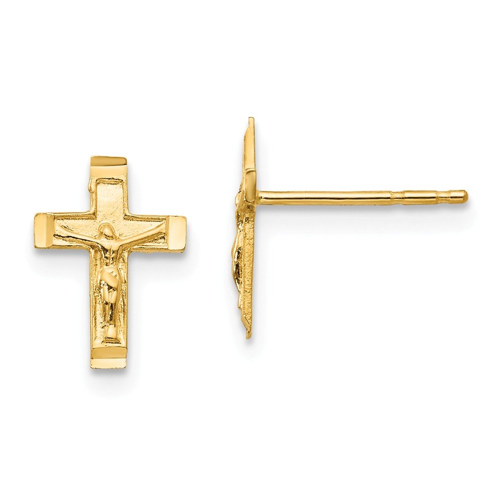 Solid 14k Yellow Gold Cross Crucifix Post Studs Earrings - 10mm x 8mm