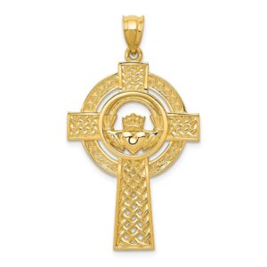 solid 14k yellow gold celtic irish claddagh cross pendant charm - 40mm x 22mm