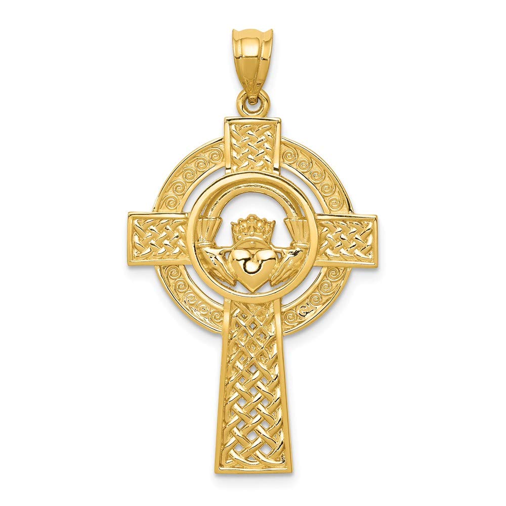 Solid 14k Yellow Gold Celtic Irish Claddagh Cross Pendant Charm - 40mm x 22mm