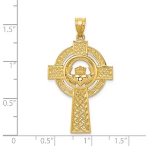 Solid 14k Yellow Gold Celtic Irish Claddagh Cross Pendant Charm - 40mm x 22mm