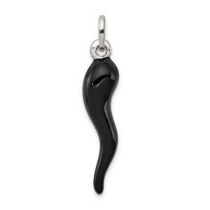 Sonia Jewels 925 Sterling Silver Black Enamel Cornicello Italian Horn Protection Pendant Charm - 33mm x 7mm