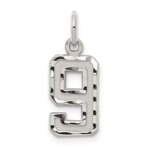 solid 925 sterling silver small diamond-cut number # 9 charm pendant - 20mm x 7mm