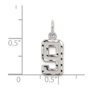 Solid 925 Sterling Silver Small Diamond-cut Number # 9 Charm Pendant - 20mm x 7mm