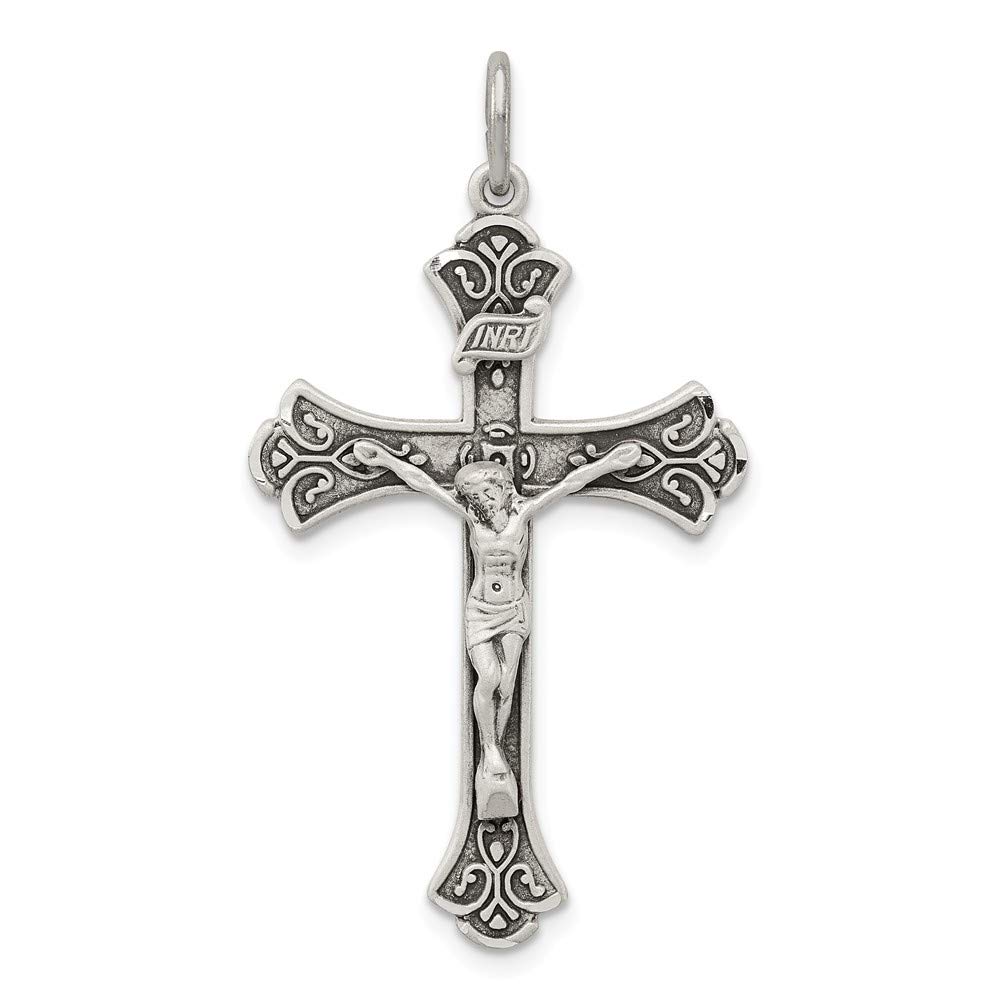 Solid 925 Sterling Silver Vintage Antiqued INRI Cross Pendant Crucifix Charm - 38mm x 22mm