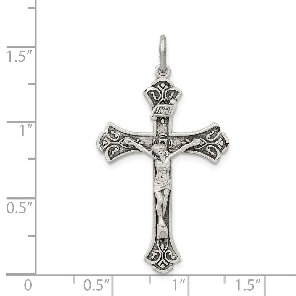 Solid 925 Sterling Silver Vintage Antiqued INRI Cross Pendant Crucifix Charm - 38mm x 22mm