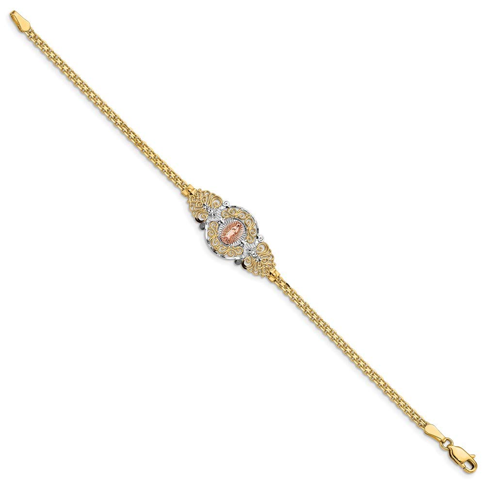 Solid 14k Yellow and White Gold Two Tone Virgin Mary Our Lady of Guadalupe Bracelet - with Secure Lobster Lock Clasp