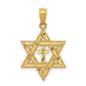 Solid 14k Yellow Gold Diamond-cut Star of David Lucky Jewish Cross Pendant Charm - 26mm x 16mm