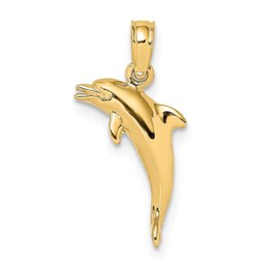 solid 14k yellow gold 3-d and textured mini dolphins jumping charm pendant - 7mm x 15mm