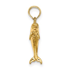 Solid 14k Yellow Gold 3-D and Textured Mini Dolphins Jumping Charm Pendant - 7mm x 15mm