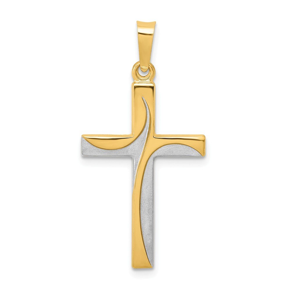 Solid 14k Yellow Gold Two Toned Latin Cross Brushed Matte Finish Pendant Charm - 29mm x 15mm