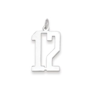 Solid 925 Sterling Silver Small Elongated Pol Number 12 Charm Pendant - 20mm x 8mm