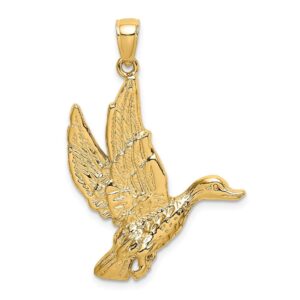 solid 14k yellow gold 2-d flying mallord duck charm pendant - 35mm x 25mm