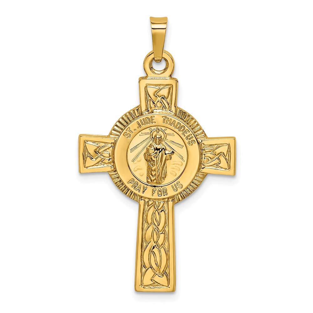 Solid 14k Yellow Gold Cross Catholic Patron Saint Jude Medal Pendant Charm - 37mm x 21mm