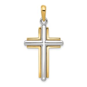 solid 14k yellow and white gold two tone cross pendant charm - 41mm x 20mm