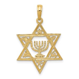 Solid 14k Yellow Gold Star of David Lucky Jewish Menorah Pendant Charm - 27mm x 18mm