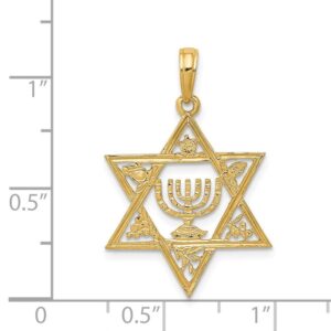 Solid 14k Yellow Gold Star of David Lucky Jewish Menorah Pendant Charm - 27mm x 18mm