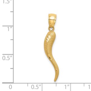 14k Yellow Gold Solid Diamond-Cut Cornicello Italian Horn Protection Charm Pendant - 30mm x 5mm