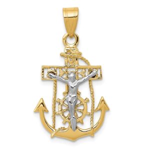 solid 14k yellow and white gold two tone anchor mariners cross pendant charm - 29mm x 17mm