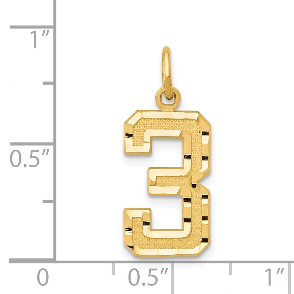 Solid 14k Yellow Gold Casted Medium Diamond-Cut Number 3 Charm Pendant - 22mm x 9mm