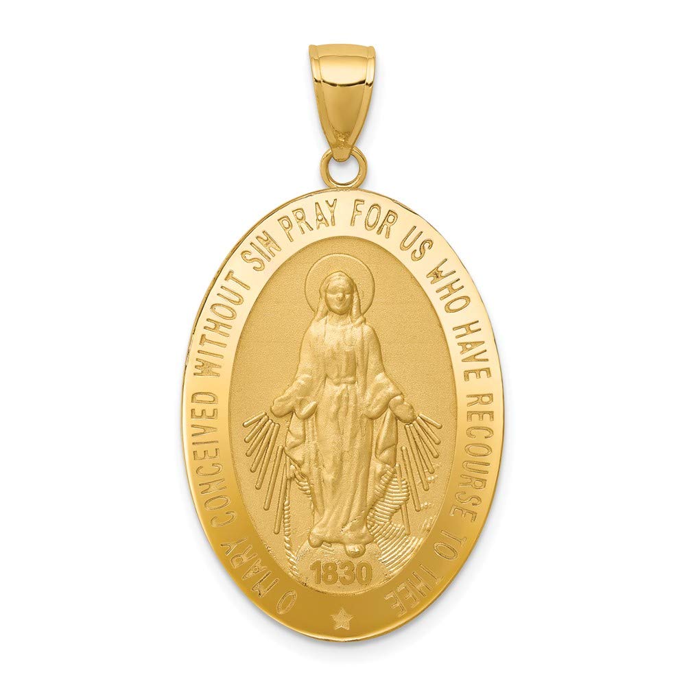 Solid 14k Yellow Gold Virgin Mary Pray for Us Charm Miracle MedalPendant Charm - 41mm x 21mm