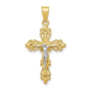 Solid 10k Yellow Gold Two Toned Cross Pendant Crucifix Charm - 28mm x 16mm