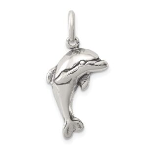 Solid 925 Sterling Silver Vintage Antiqued Dolphin Pendant Charm - 20mm x 14mm