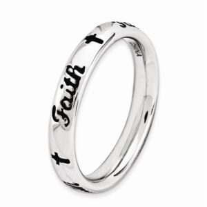 Solid 925 Sterling Silver Stackable Black Enamel Faith Ring Eternity Band Size 8