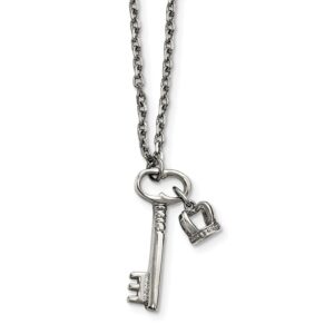 Solid Stainless Steel Key and Crown Emperor Royal King Queen Pendant 2 inch extension Pendant Necklace Charm Chain - with Secure Lobster Lock Clasp 15.5"