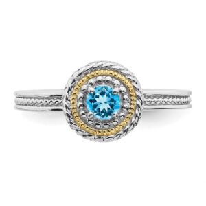 Solid 925 Sterling Silver and 14k Yellow Gold Stackable 925 Sterling Silver Blue Topaz Ring Eternity Band Size 7