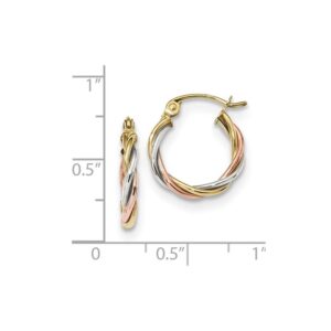 Solid 10k Yellow White and Rose Gold Three Color 2.5mm Twisted Hoop Earrings - 16mm x 14mm