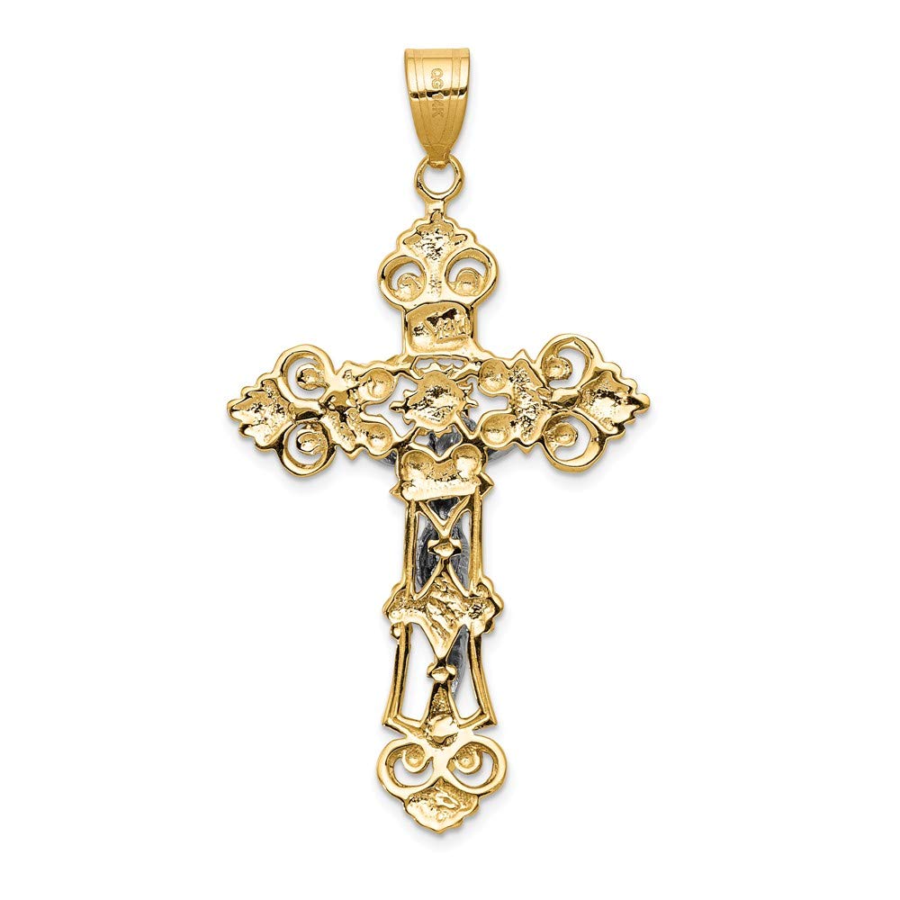 Solid 14k Yellow and White Gold Two Tone INRI Fleur De Lis Cross Pendant Crucifix Charm - 57mm x 31mm