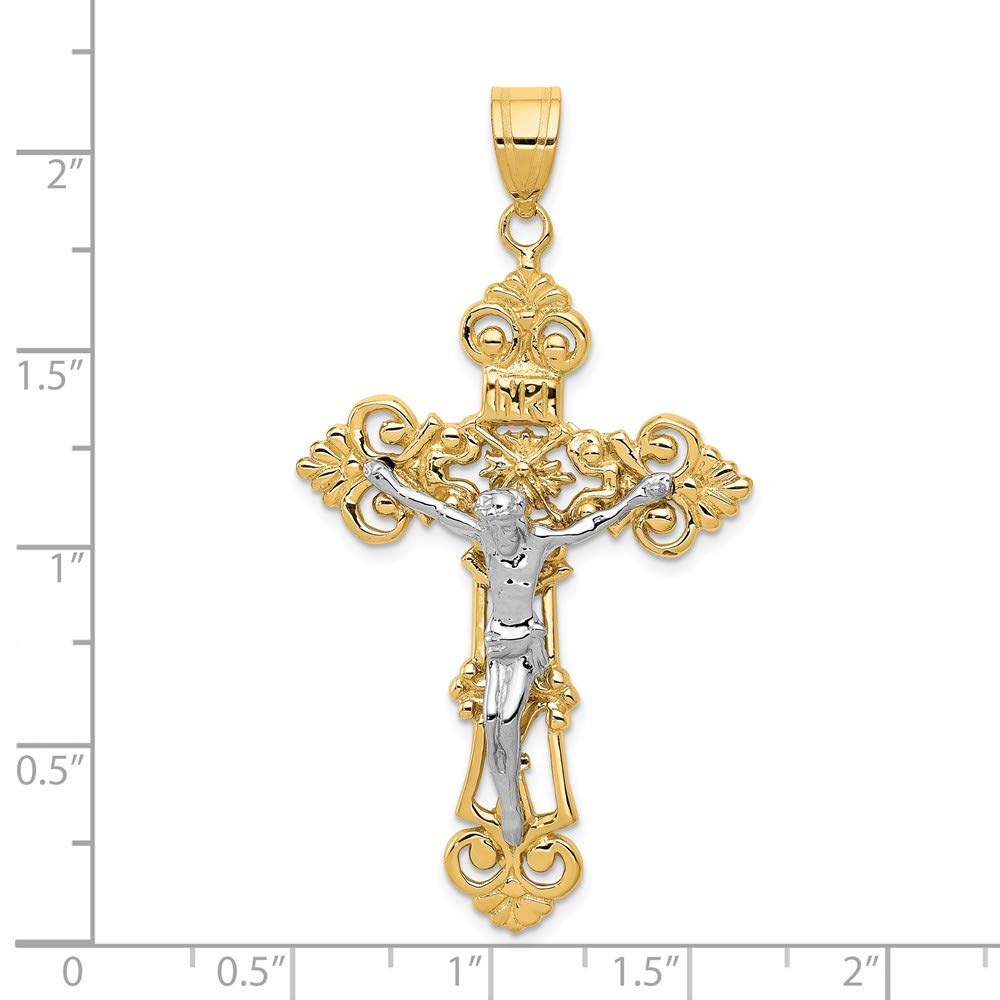 Solid 14k Yellow and White Gold Two Tone INRI Fleur De Lis Cross Pendant Crucifix Charm - 57mm x 31mm