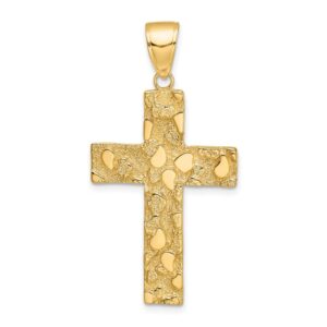 solid 14k yellow gold and textured nugget block style cross pendant charm