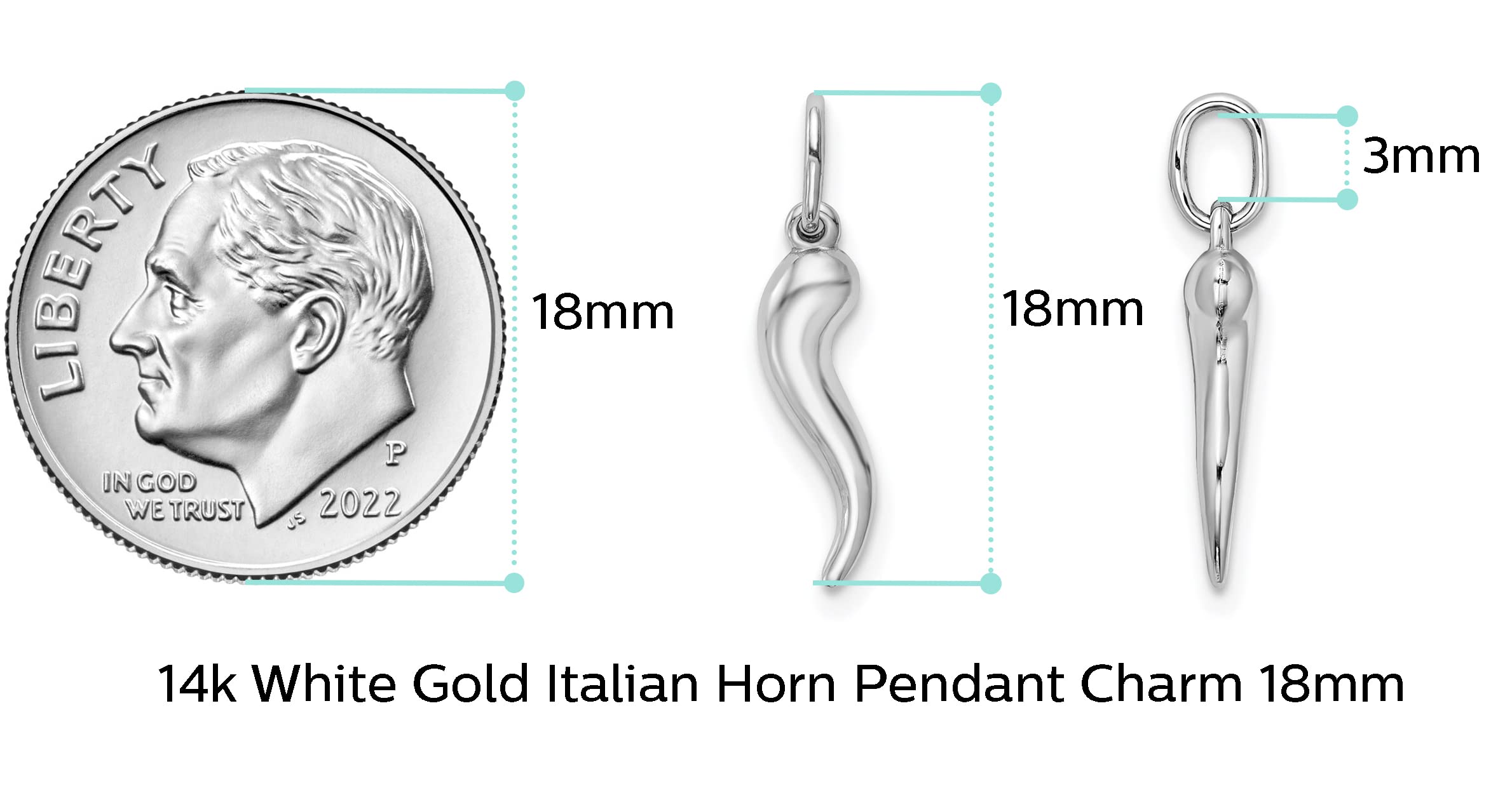 14k White Gold Cornicello Italian Horn Protection Pendant Charm TINY ( 3/4" ) - Jewelry Gifts For Women Wife Mom Gifts For Men Husband Dad