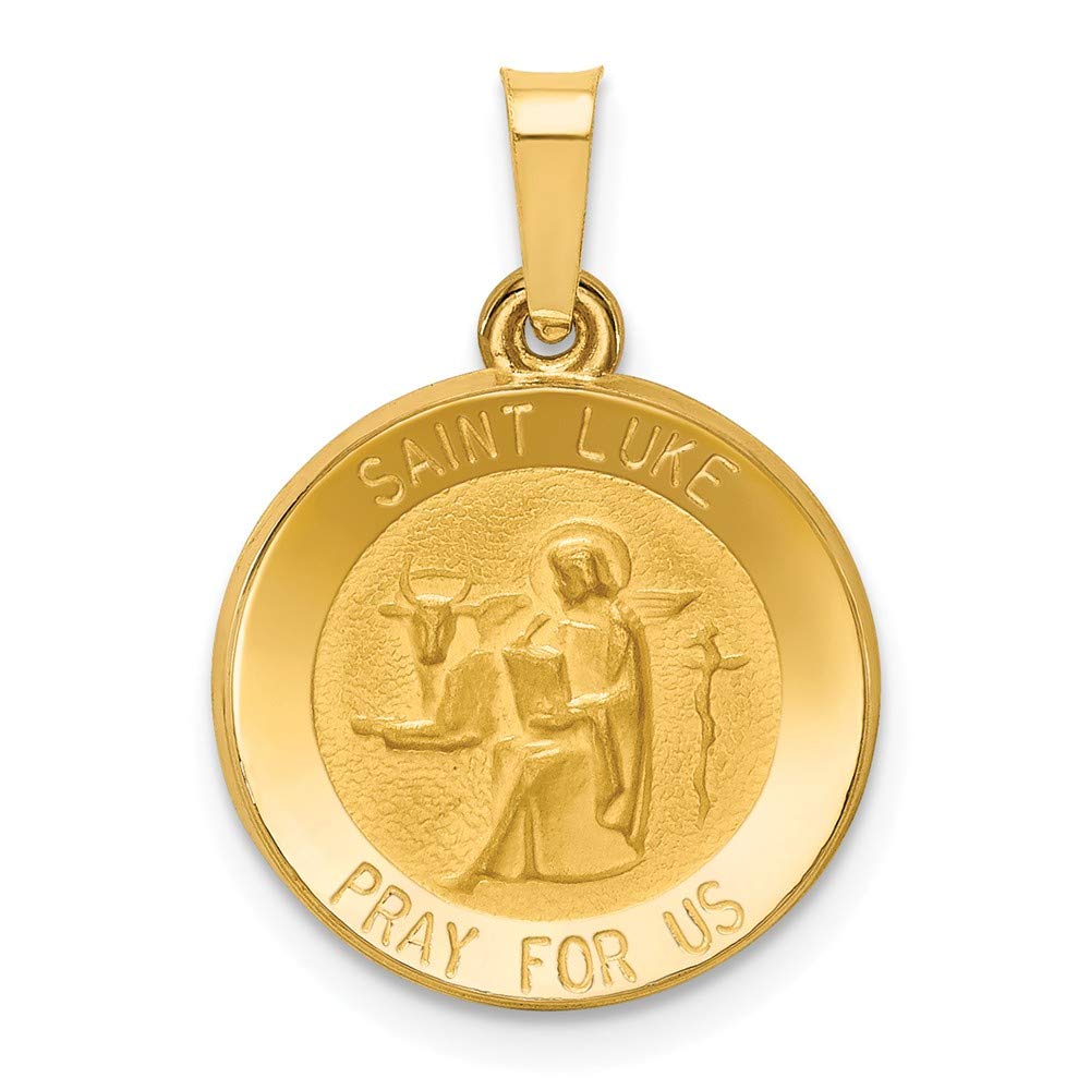 14k Yellow Gold Catholic Patron Saint Luke Medal Brushed Matte Finish Pendant Charm - 17mm x 15mm