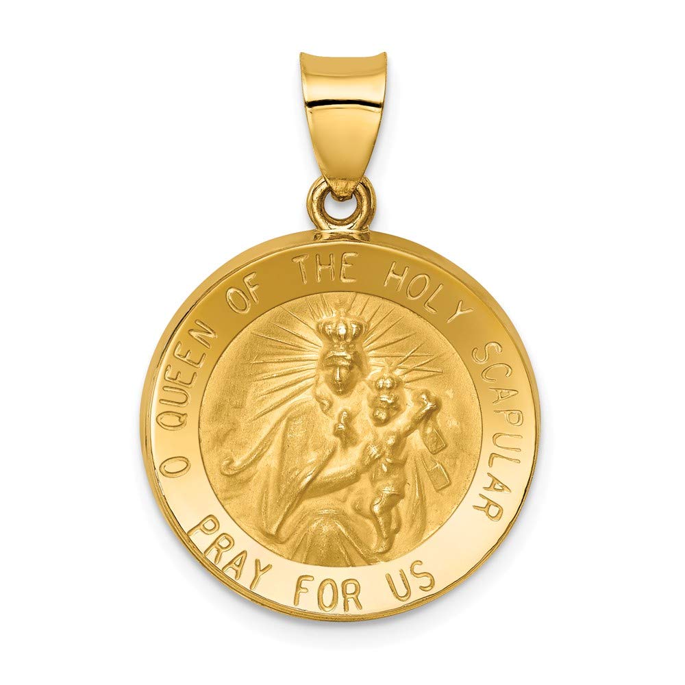 14k Yellow Gold Queen of the Holy Scapular Reversible Medal Brushed Matte Finish Pendant Charm - 22mm x 19mm