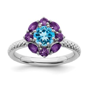 Solid 925 Sterling Silver Stackable Amethyst Purple February Gemstone and Blue Topaz Ring Eternity Band Size 10