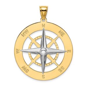 solid 14k yellow gold two toned nautical compass white needle charm pendant - 41mm x 33mm