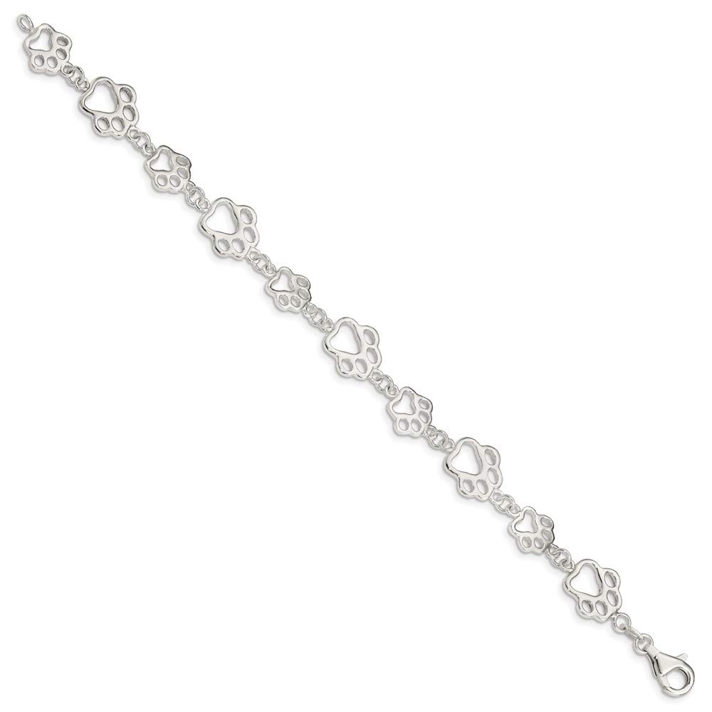 Solid 925 Sterling Silver Paw Print Bracelet - with Secure Lobster Lock Clasp 8.5" (Width = 13mm)