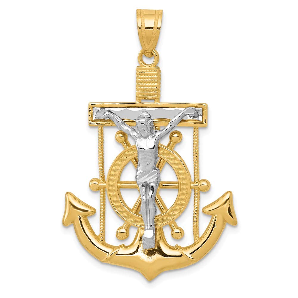 Solid 14k Yellow and White Gold Two Tone Diamond-cut Anchor Mariner's Cross Pendant Charm - 43mm x 27mm