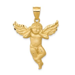 solid 14k yellow gold angel not listening brushed matte finish pendant charm - 38mm x 28mm