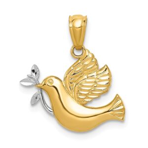 Solid 14k Yellow Gold Two Toned Dove Olive Branch Pendant Charm - 22mm x 20mm