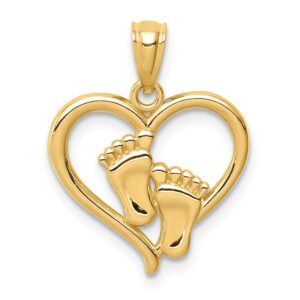 solid 14k yellow gold baby feet in a heart pendant charm