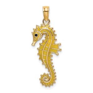 Solid 14k Yellow Gold 3-D Enamel Seahorse Charm Pendant - 21mm x 10mm