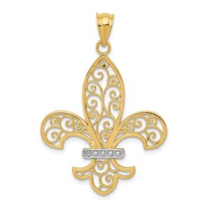 Solid 14k Yellow Gold Two Toned Filigree Fleur de Lis Pendant Charm - 40mm x 25mm