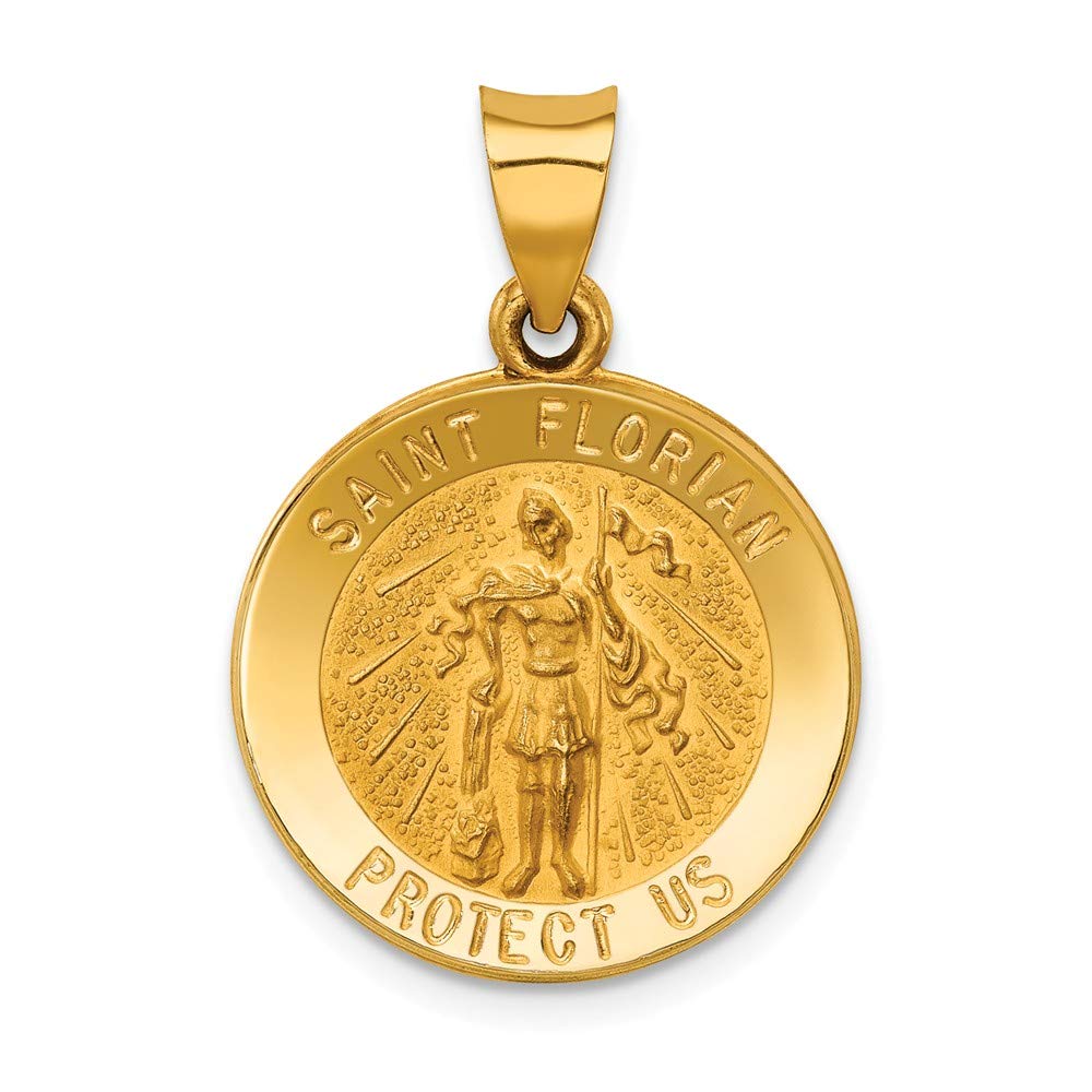 14k Yellow Gold Catholic Patron Saint Florian Medal Brushed Matte Finish Pendant Charm - 21mm x 18mm